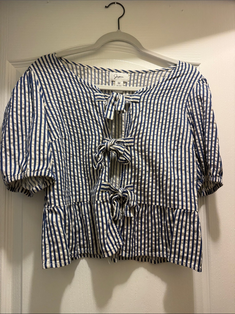 Japna Blue and White Striped Tie-Front Peplum Blouse